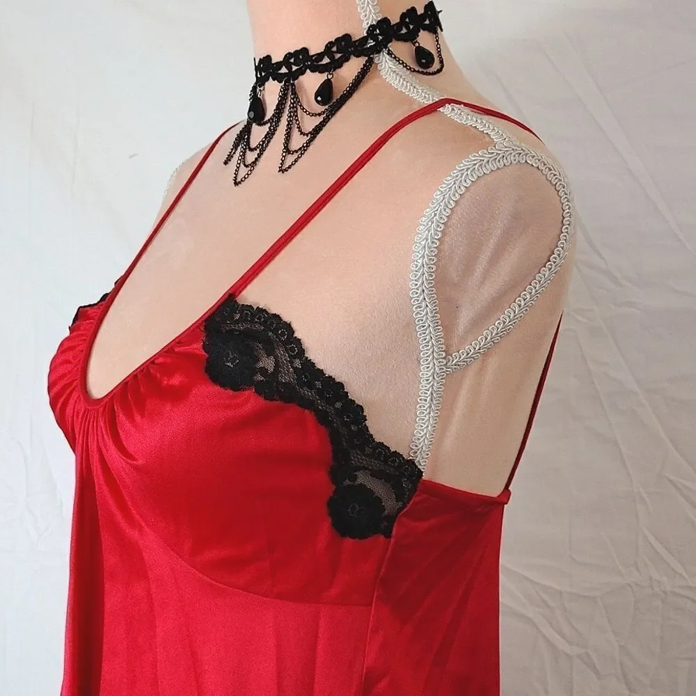 VTG 60s USA Red Black Nylon Scoop Neck Babydoll Lingerie Slip Small RARE - Picture 9 of 16